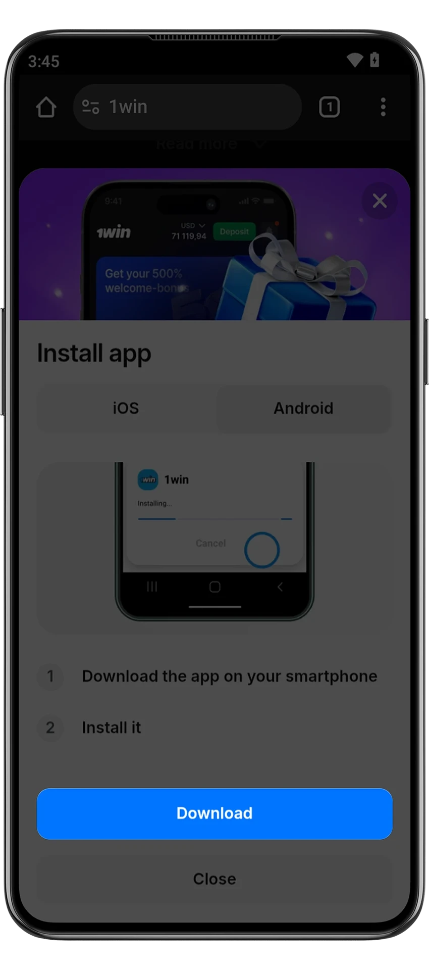 Download button for the 1win apk file