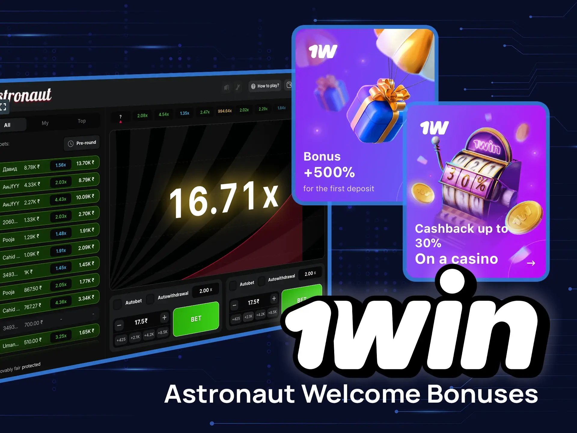 Don't miss out on welcome bonuses for playing Astronaut on 1win.