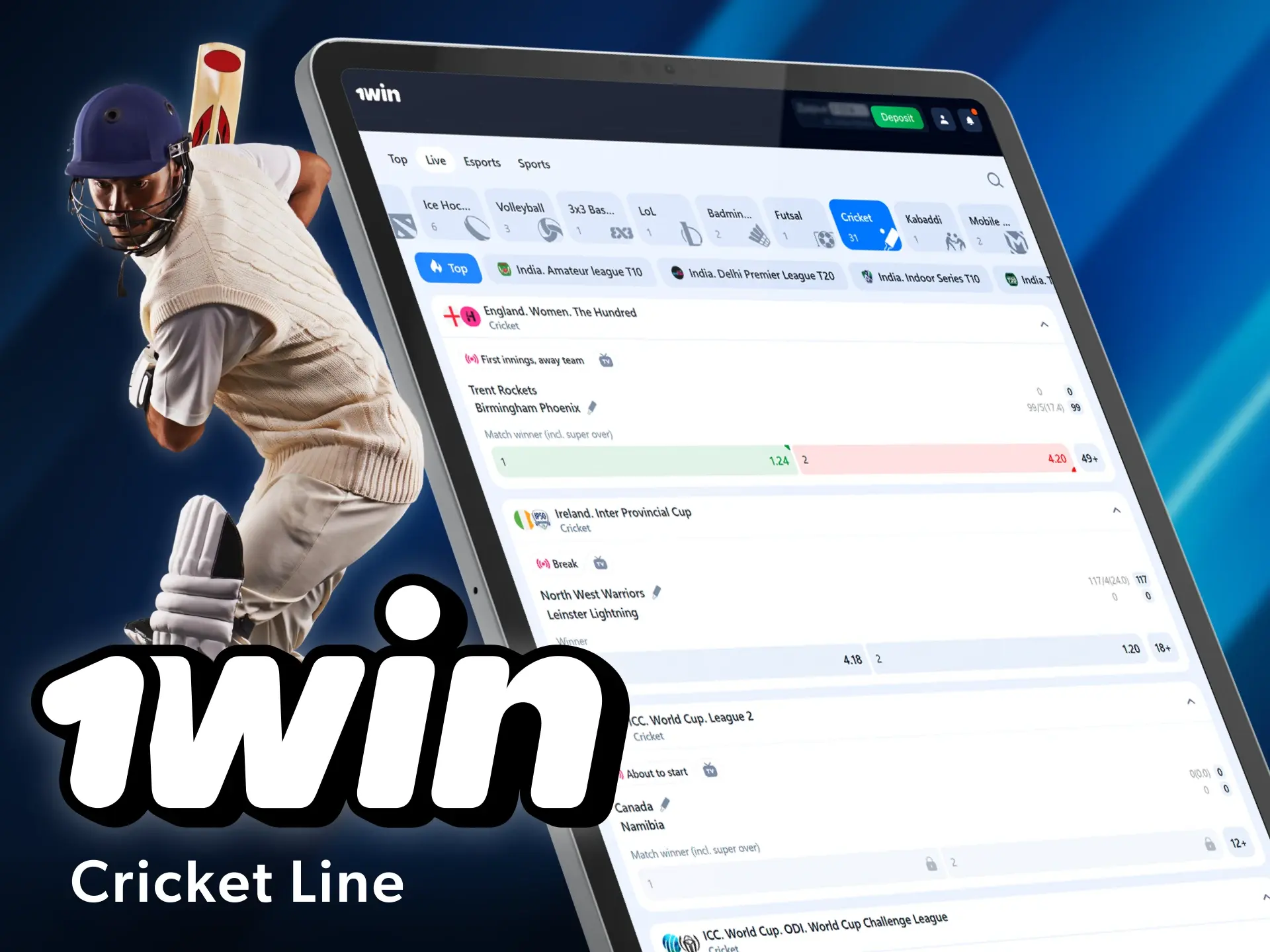 You will find various cricket markets and events for betting on 1win.