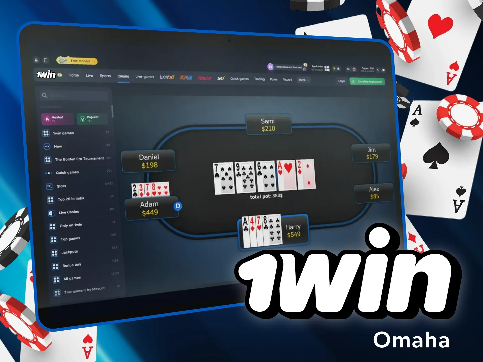 Win money by playing the Omaha version of poker in the 1win casino.